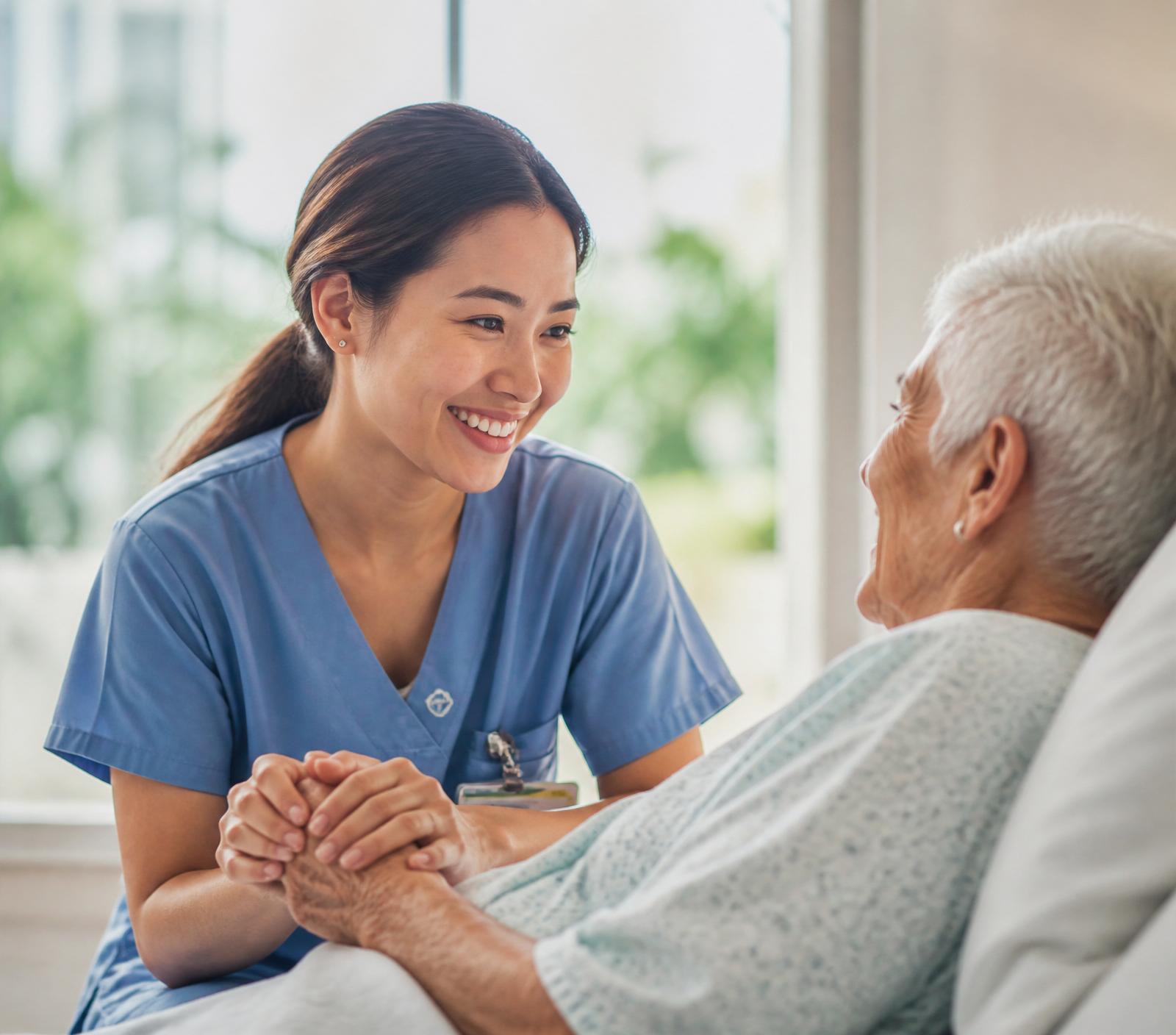 Une infirmière souriante tient la main d'une patiente âgée